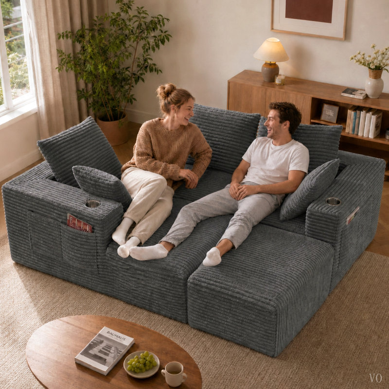 Canapé modulaire de 241 cm avec fauteuil lounge d'angle, quatre places, design sans dossier avec repose-pieds, Gray Corduroy