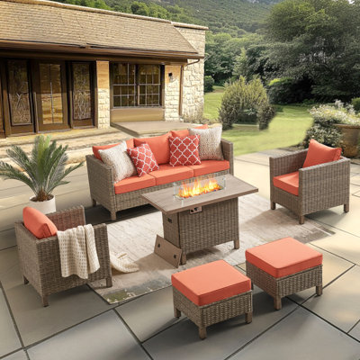 Ensemble de conversation pour patio 6 pièces en osier avec foyer