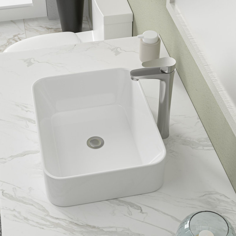 Lavabo vasque rectangulaire en céramique 19 po x 15 po avec robinet en acier inoxydable, Acier Inoxydable
