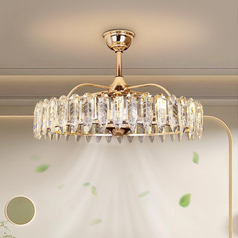 Ventilateur de plafond à cage dorée avec lumière, télécommande et cristal d'érable