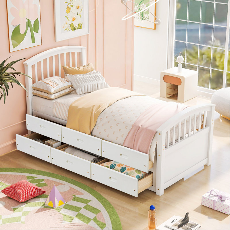Lit plateforme simple avec rangement en bois massif Eckart, Blanc