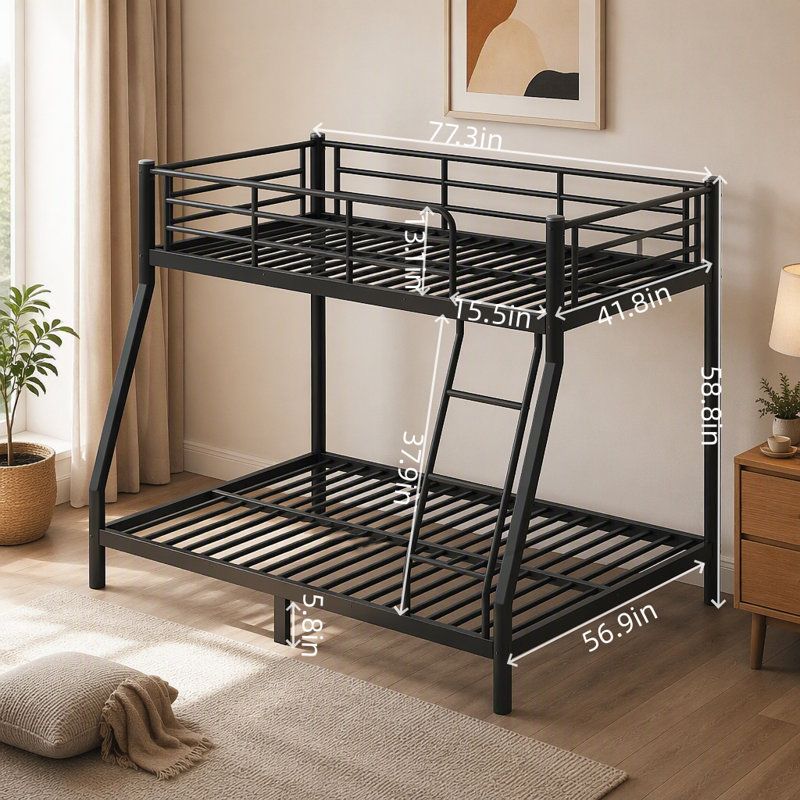 Lit superposé en métal tubulaire noir, couchette simple supérieure et couchette double inférieure, conception silencieuse et peu encombrante, sans sommier, convient aux adolescents et aux adultes.