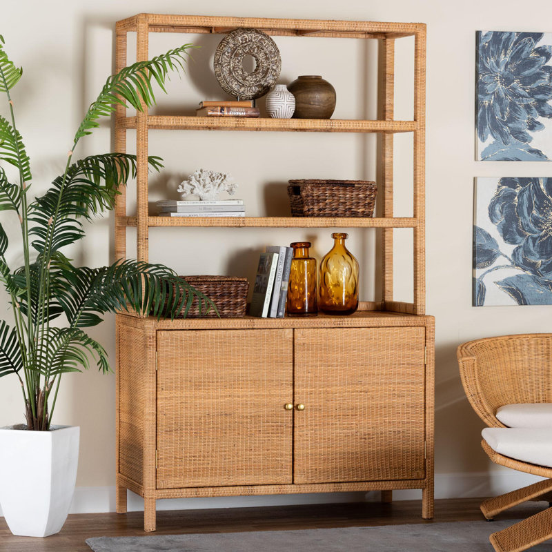 Tablette de présentation Bali & Pari Mortis en rotin naturel avec armoire de rangement à 2 portes