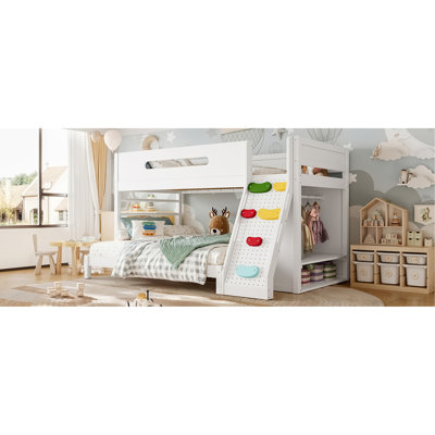 Twin/Twin XL over Full Bunk Bed with Built-in Wardrobe and Storage Spaces, Solid Wood Bunk Bed with Guardrails, Childlike Rock Climbing and Full Upgraded Slats Design, White