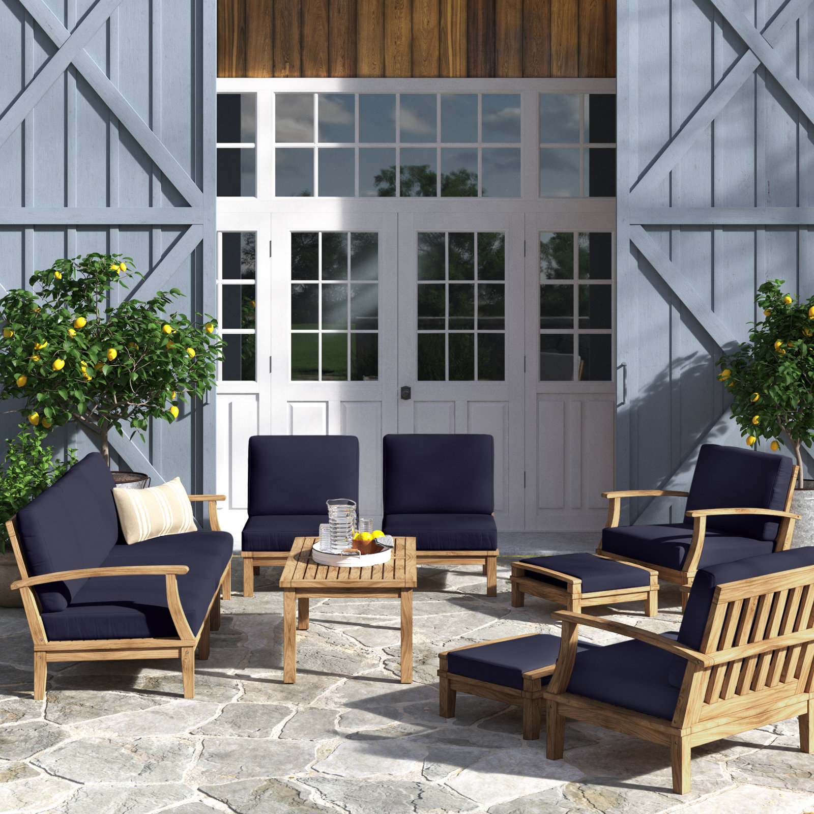Marina 9-Person Teak Patio Seating Group, Navy