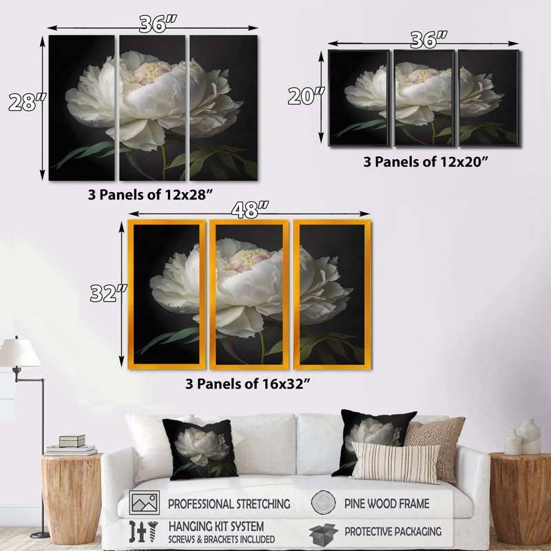 Blooming White Peony VI - 3 pièces sur toile tendue, Or, H 32 po x l 48 po x P 1 po