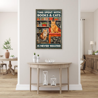 Temps passé avec des livres et des chats 1 - 1 pièce, reproduction d'art graphique sur toile tendue