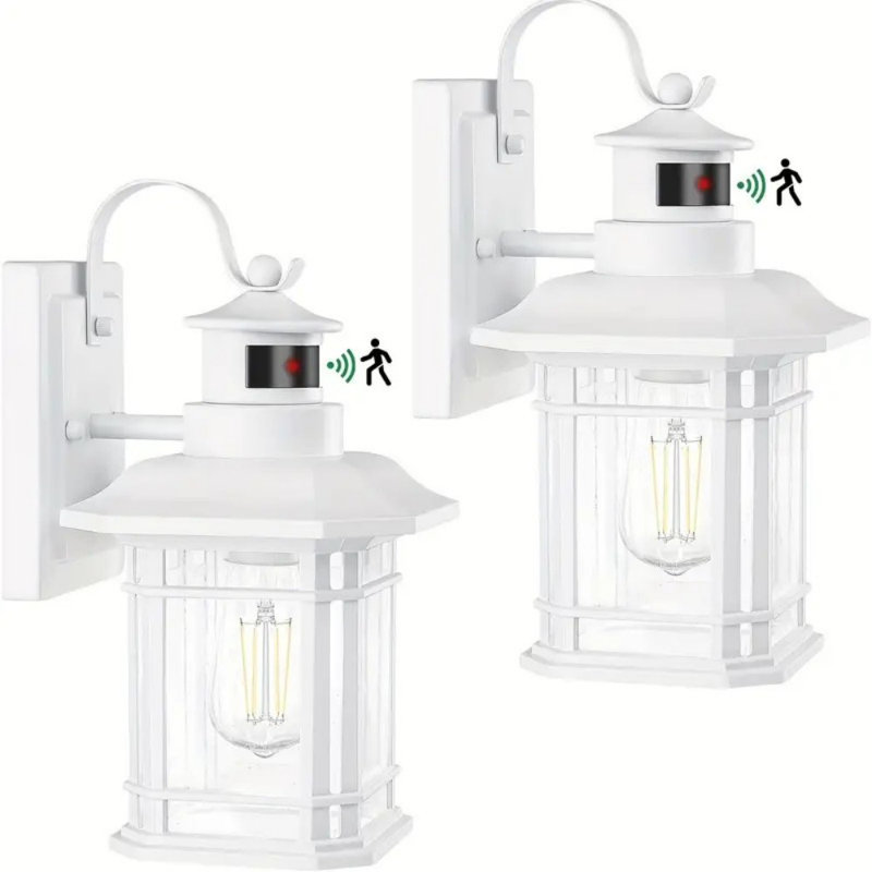 2Pcs Motion Sensor LED Outdoor Wall Lights, Dusk To Dawn Exterior Lanterns, Matte White Finish, Anti-Rust Design With Clear Glass & E26 Base, Perfect For Front Porch, Halloween & Christmas Decor