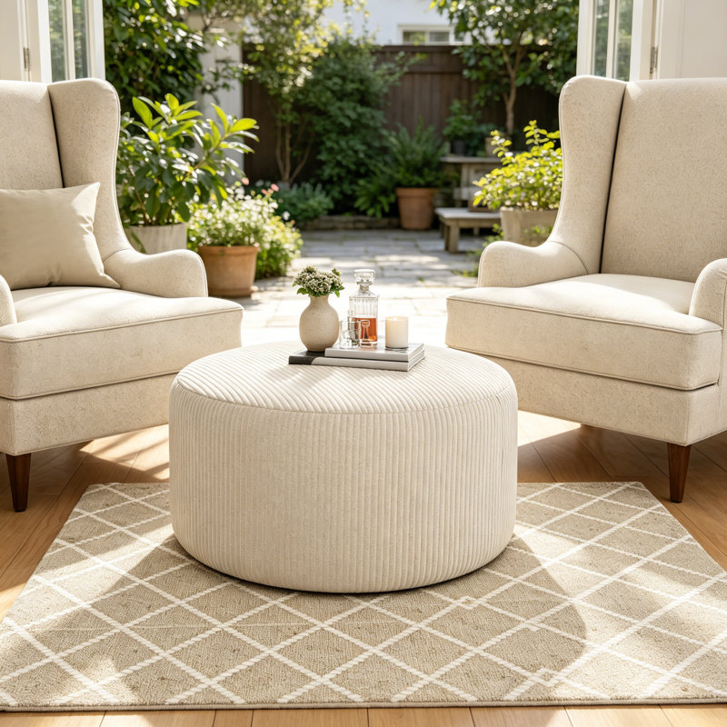 Henrik Modern Upholstered Round Ottoman, Beige Corduroy