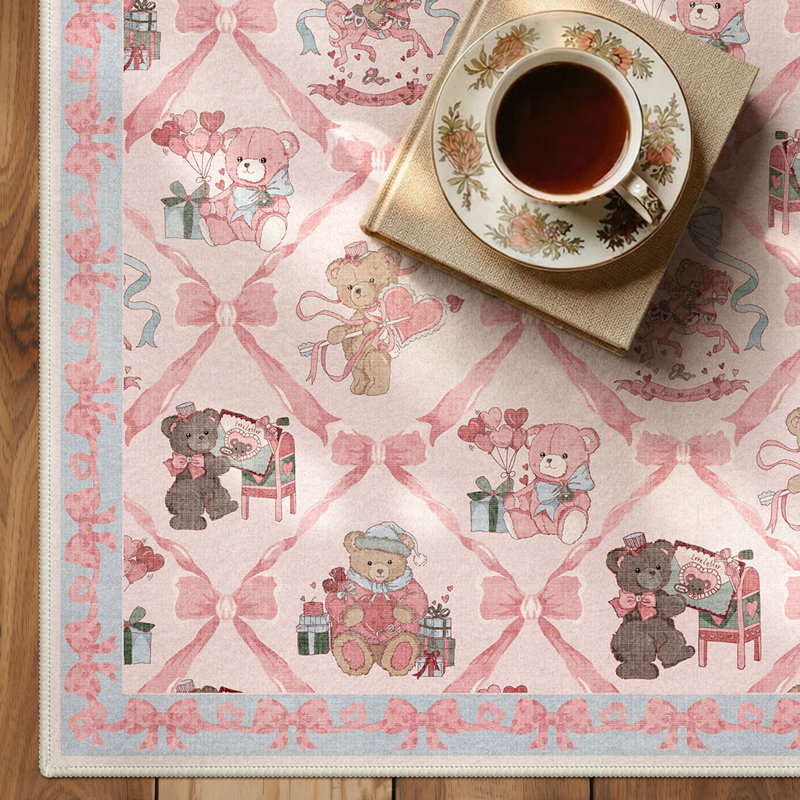 Bear Print Machine Washable Blue/Pink/Beige Kids Area Rug With Non-Slip Backing, Rectangle 6' x 9'