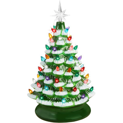 15In Ceramic Christmas Tree, Pre-Lit Hand-Painted Tabletop Holiday Tree, 2 Star Toppers, 64 Lights - Flocked W/Multicolored Bulbs