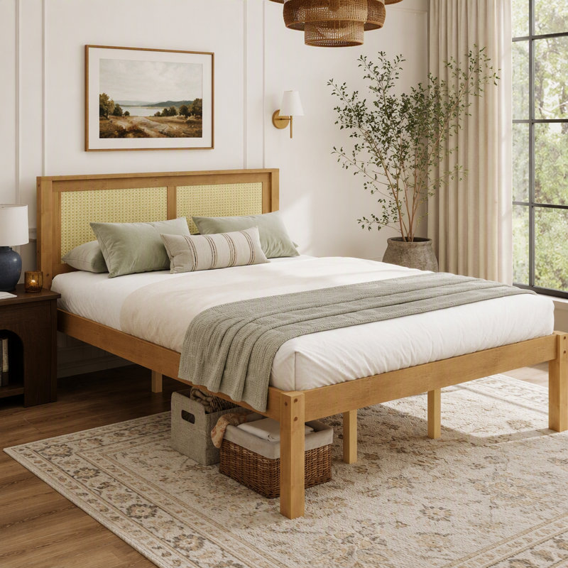 Lit plateforme queen en bois massif avec tête de lit en rotin et rangement sous le lit ; sommier non requis