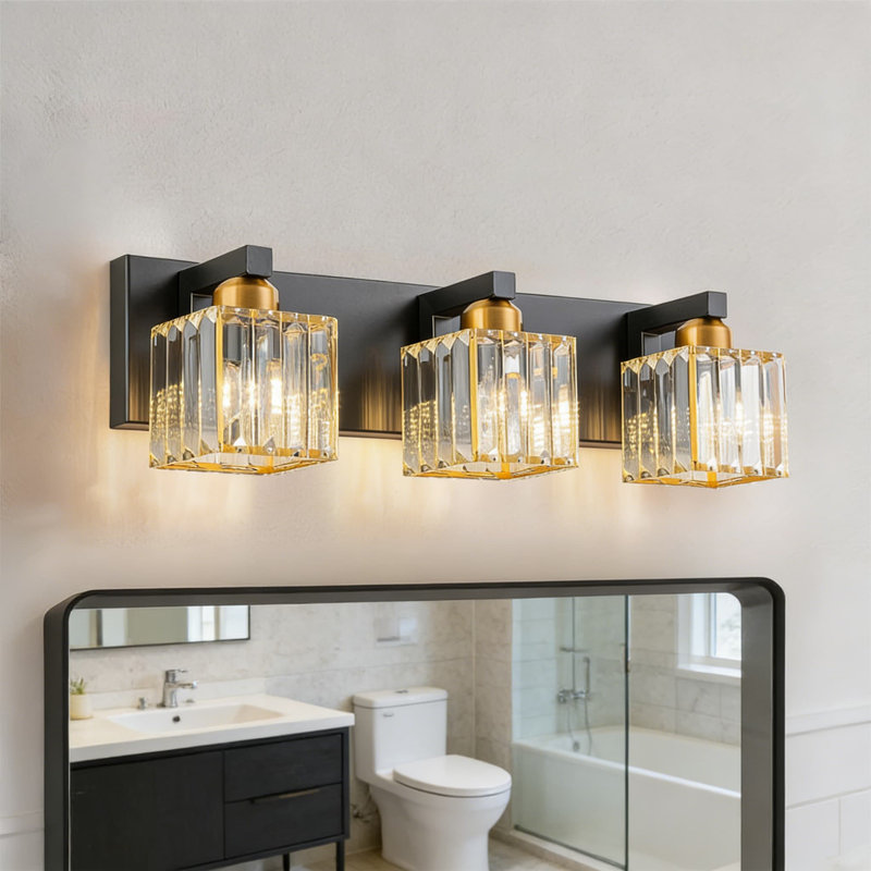 Modern Black Gold Crystal Bathroom Vanity Light Fixture - 3-Light Wall Mounted Dimmable Lighting With K9 Crystal Shade For Mirror Overlay, E26 Socket Compatible