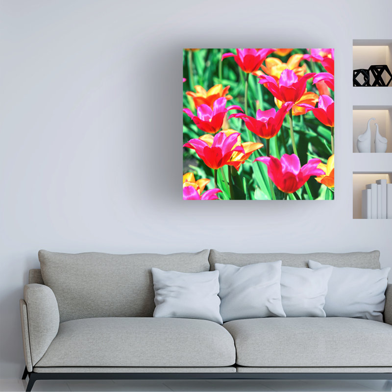 Art sur toile, bol bolivien, 7 feuilles de fleurs rouges, H 14 po x l 14 po