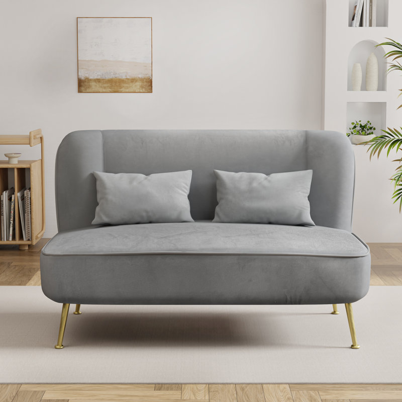 Modern 45'' Velvet Upholstered Loveseat Sofa with 2 Pillows, Grey