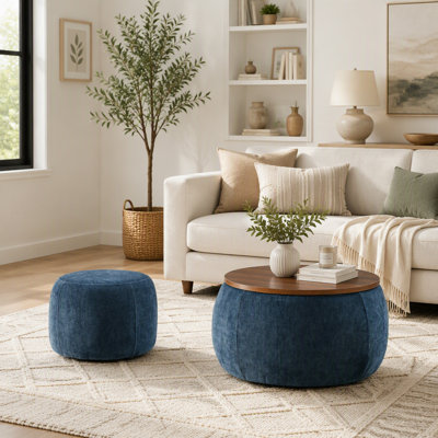 Pouf de rangement rond avec plateau amovible, 2 en 1 : table d'appoint et siège, bleu foncé, 63,5 cm x 63,5 cm x 37,3 cm