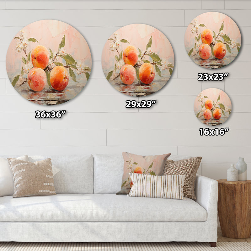 Fruit abstrait pêche - nourriture et boissons, art en métal rond, H 16 po x l 16 po
