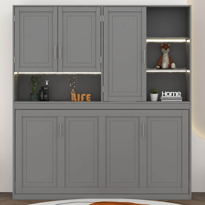 Lit escamotable mural simple avec armoire supérieure et tablettes, cadre de lit plateforme pliable multifonctionnel avec lumière et USB