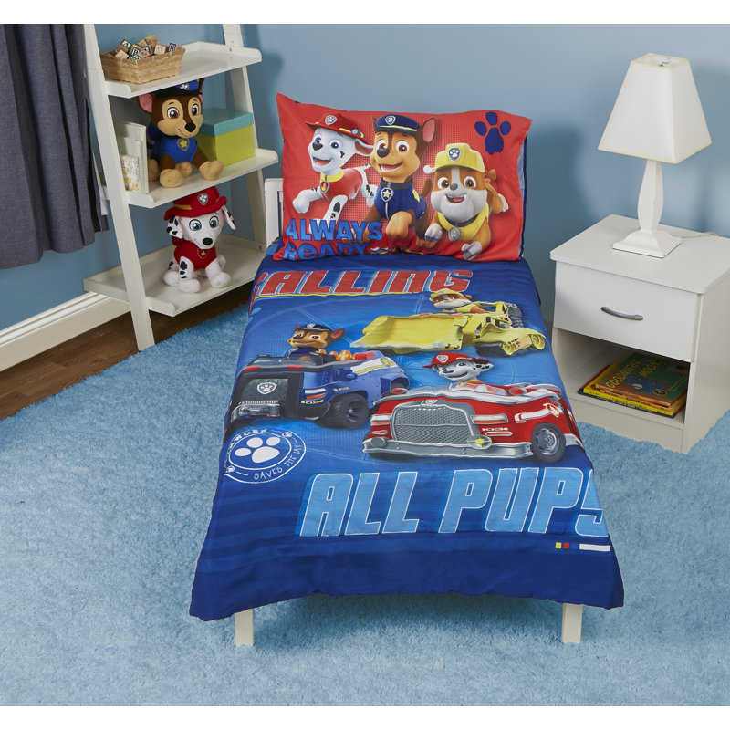  Paw Patrol Calling All Pups 4 Piece Toddler Bed Set Includes - Comforter, Fitted Bottom Sheet, Flat Top Sheet, Reversible Pillowcase