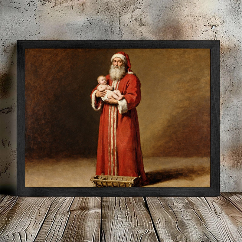 Art mural rétro noir avec père Noël - impression de décorations de crèche de Noël rustique sacrée, H 17 po x l 13 po