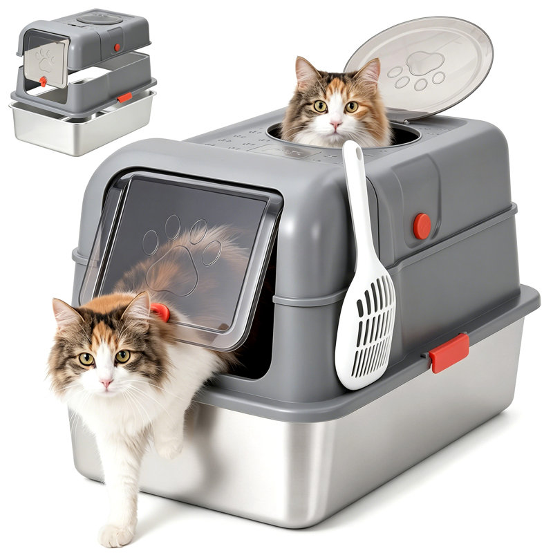 Bac à litière en acier inoxydable entièrement fermé et résistant aux chiens, avec couvercle, bords hauts, entrée frontale et sortie par le haut, conception anti-fuites, pelle incluse, idéal pour les grands foyers et les foyers avec plusieurs chats - Gris