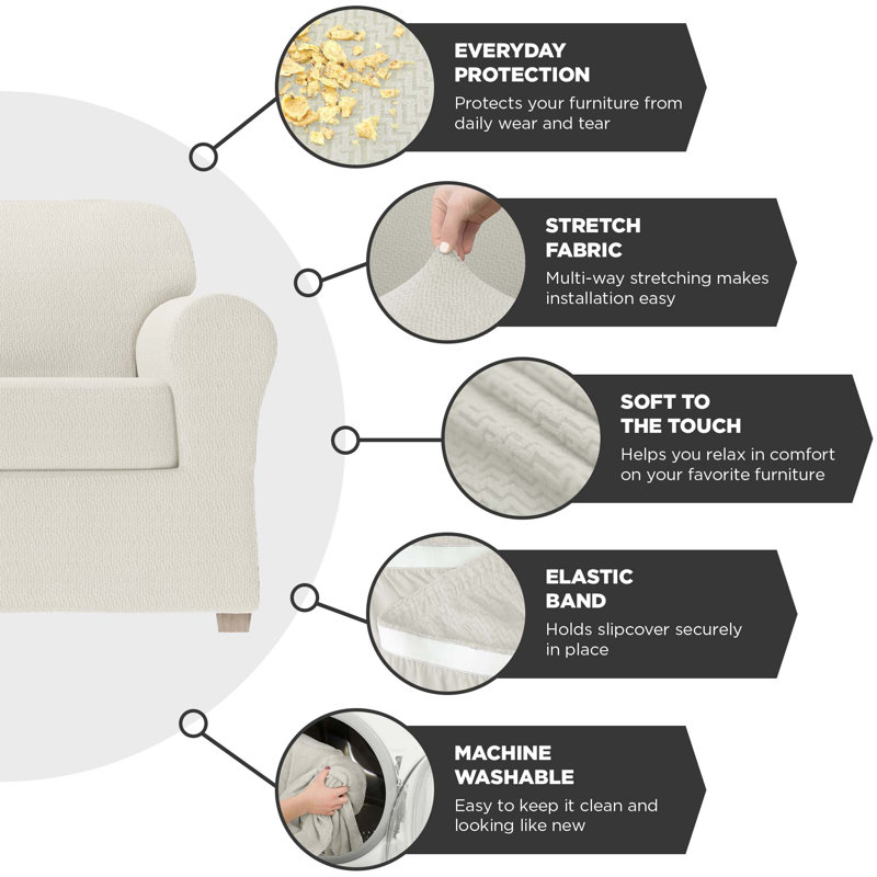 Housse extensible pour canapé à coussins carrés, Mélange de polyester écru, H 34 po x l 96 po x P 38 po