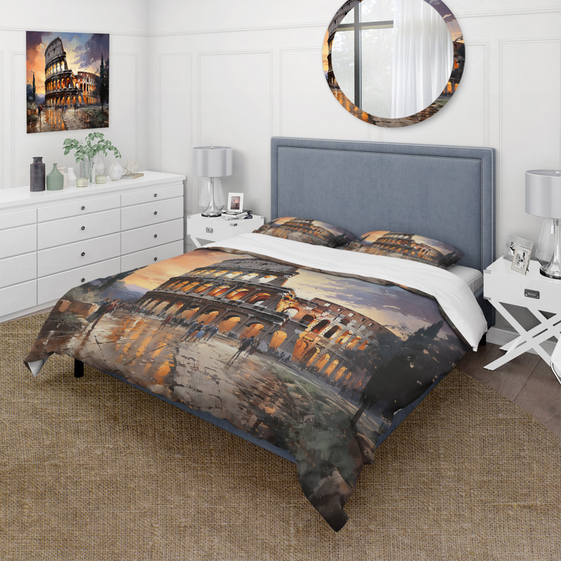 Beige Italy Colosseum Colosseo - Architecture Duvet Cover Set, Queen Duvet Cover + 2 Standard Shams