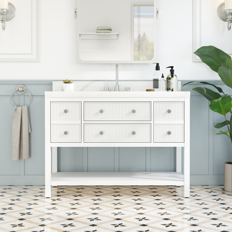 Ensemble de meuble-lavabo simple 48 po avec comptoir en pierre massif 48 po, Blanc élégant