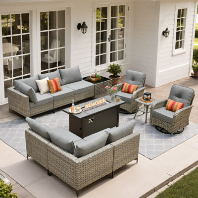 Daltry 11 Piece Outdoor Wicker Conversation Sets With Fire Pit Table and Coffee Table With built-in lights