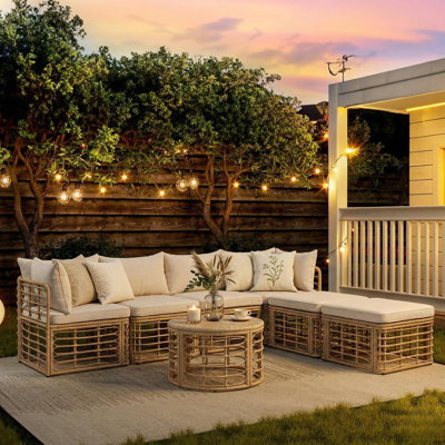 Ensemble de mobilier de jardin modulaire 7 pièces en rotin PE résistant aux intempéries, avec coussins épais et oreillers, canapé d'angle modulaire et table basse ronde pour jardin, terrasse ou balcon, beige