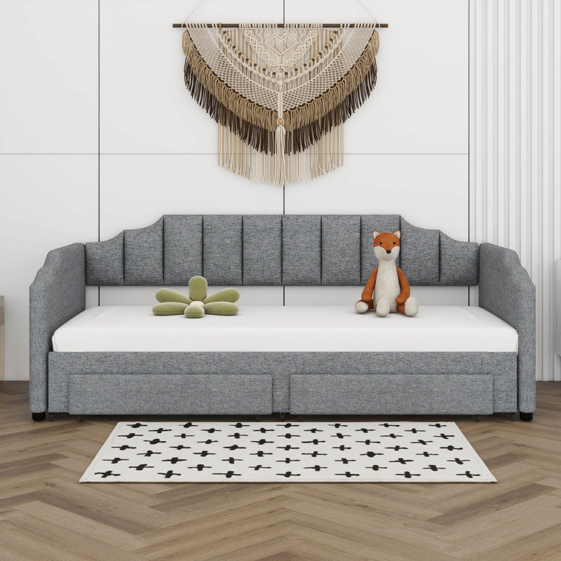 Twin XL To King Size Upholstered Daybed, Twin XL Size Extendable Upholstered Daybed With Two Storage Drawers And LED Light
