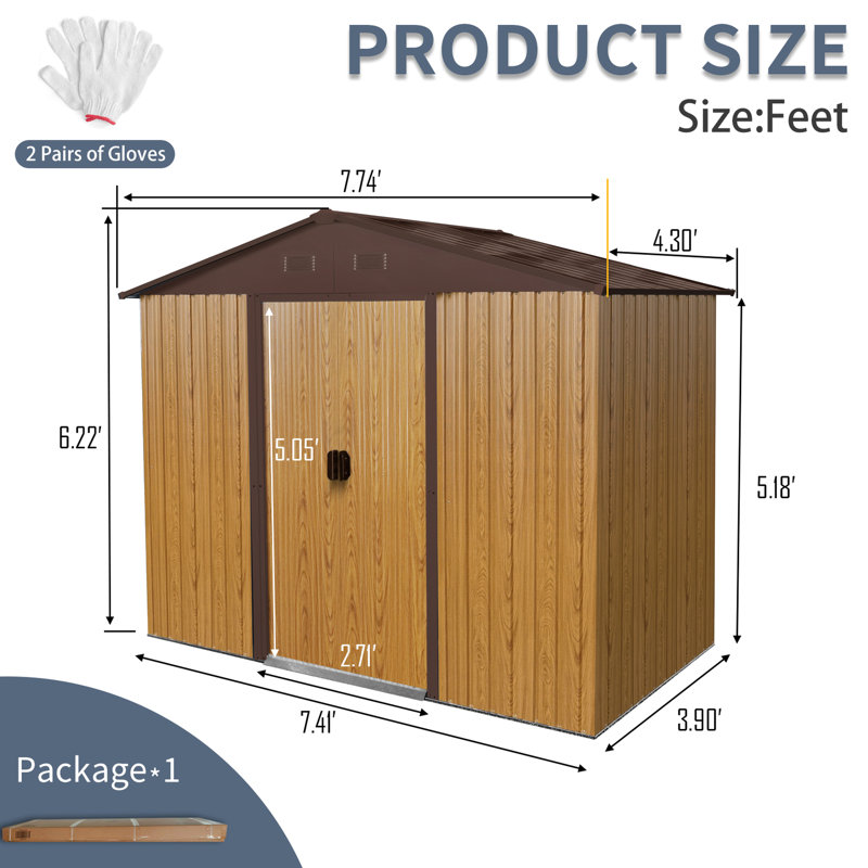 8ft X 4ft Metal Storage Shed With Air Flow Function - Coffee For Backyard Weather- Patio Area, Coffee