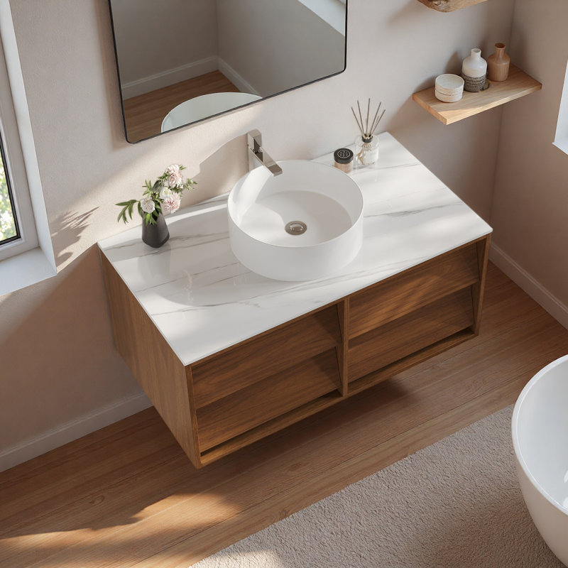 Meuble-lavabo flottant 36 po résistant à l'eau pour les petites salles de bain, meuble-lavabo mural simple moderne avec plateau en pierre frittée brillante et vasque en céramique blanche