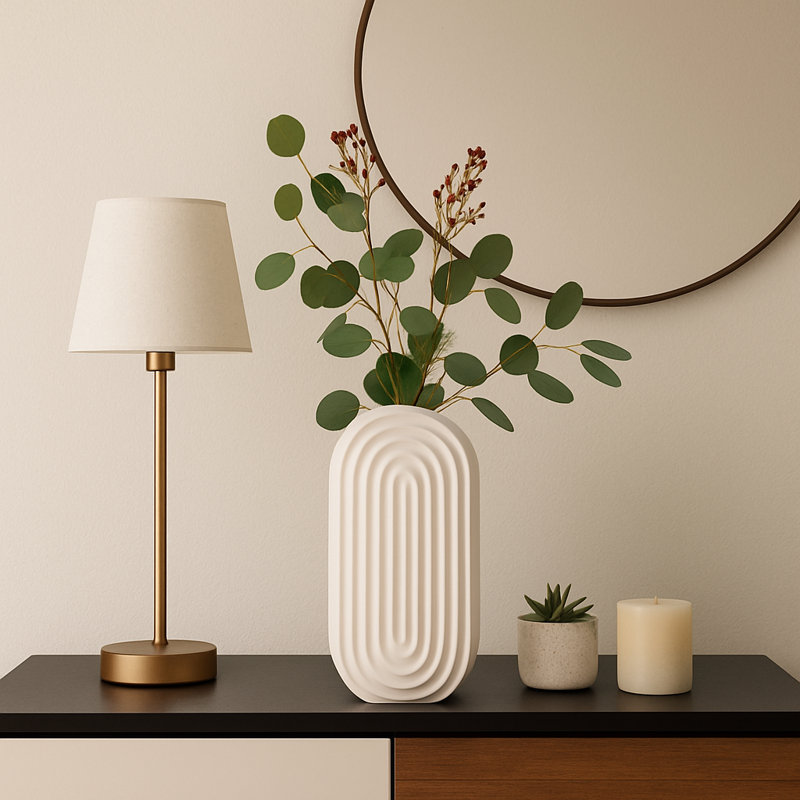 Decorative Textured Ceramic Table Vase for Living Room Accent - Modern Oval Flower Vase for Office Display and Home Decor