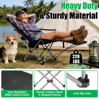 4-Position Reclining Camping Chair with Detachable Footrest, 220LBS Folding Outdoor Lounge Chair with Headrest, Cup Holder & Side Pocket for Beach Patio Travel