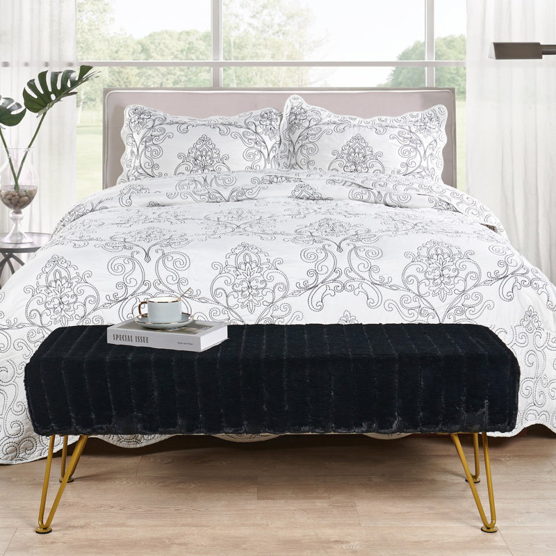 Faux Fur Upholstered Bench, Jet Black