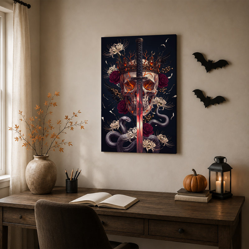 Art mural sur toile, crâne rougeoyant couronné d'épée et de serpent à l'Halloween, H 24 po x l 16 po