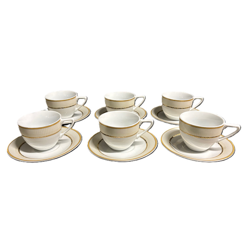 Porcelain Teacup & Saucer Set - White With Gold Trim (set Of 6)
