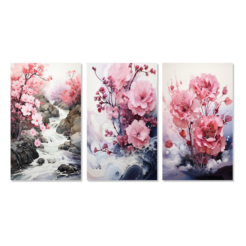 «Pink Grey Minimalisme Serenity In River», 3 pièces sur toile, Cadre flottant noir, H 40 po x l 60 po
