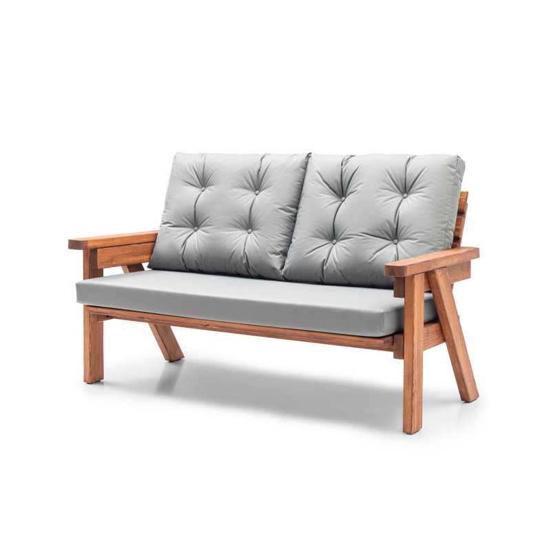 Élégant canapé de jardin 3 places, gris et noyer, 63,4 po x 34,6 po x 31,5 po | Structure 100% bois de pin, tissu 100% polyester facile à nettoyer | Housses de coussin amovibles, parfaites pour la détente en plein air et les réceptions