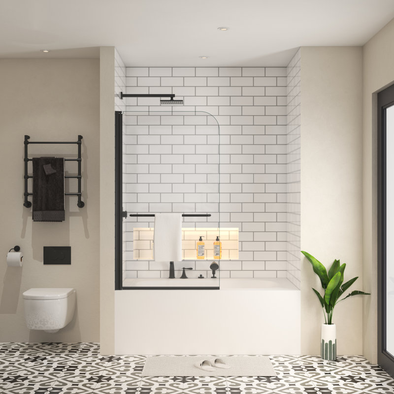 Porte de douche de baignoire 3458 avec verre trempé transparent et barre à serviettes - Noir mat, avec joint d'étanchéité à charnière 180 degrés pour empêcher l'eau d'éclabousser hors du support pivotant fiable de 1/4 po