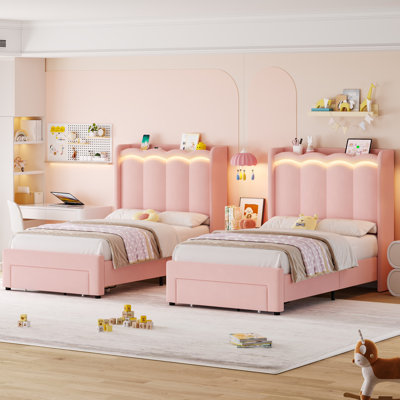 Velvet Upholstered Storage Kids Platform Bed with LED Lights