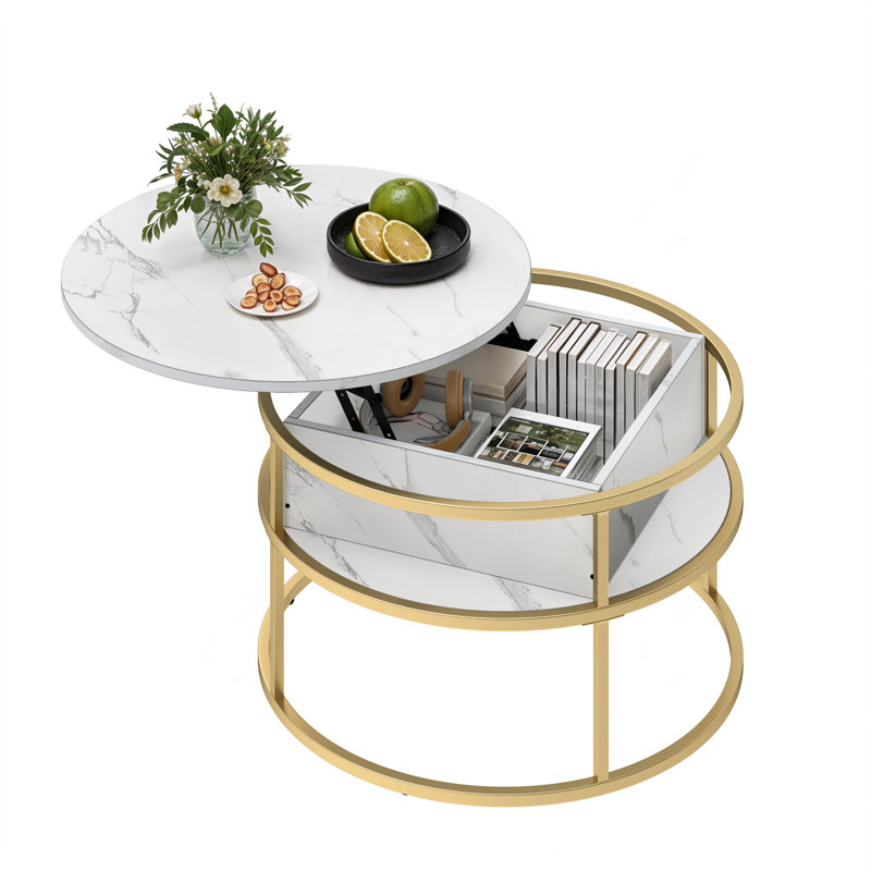 Coffee Table, White Wood, Gold, Marble