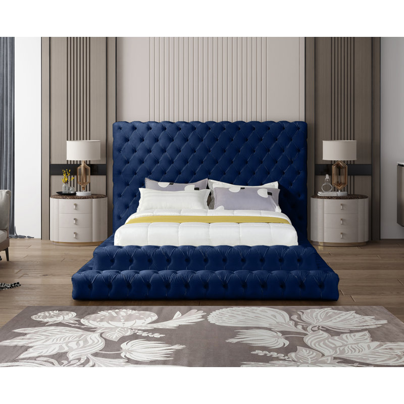 Lit en velours Dymphia Revel, Velours marine, Grand