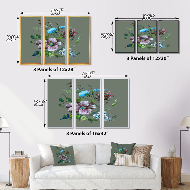 Fleurs de printemps mauves et turquoises - 3 pièces, reproduction sur toile flottante, H 28 po x l 36 po x P 1 po, Cadre noir