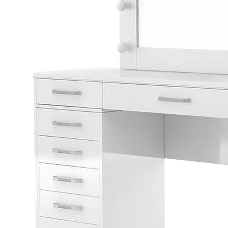 Sheila Vanity Set With Lighted Mirror, Multiple Drawers, White Wood