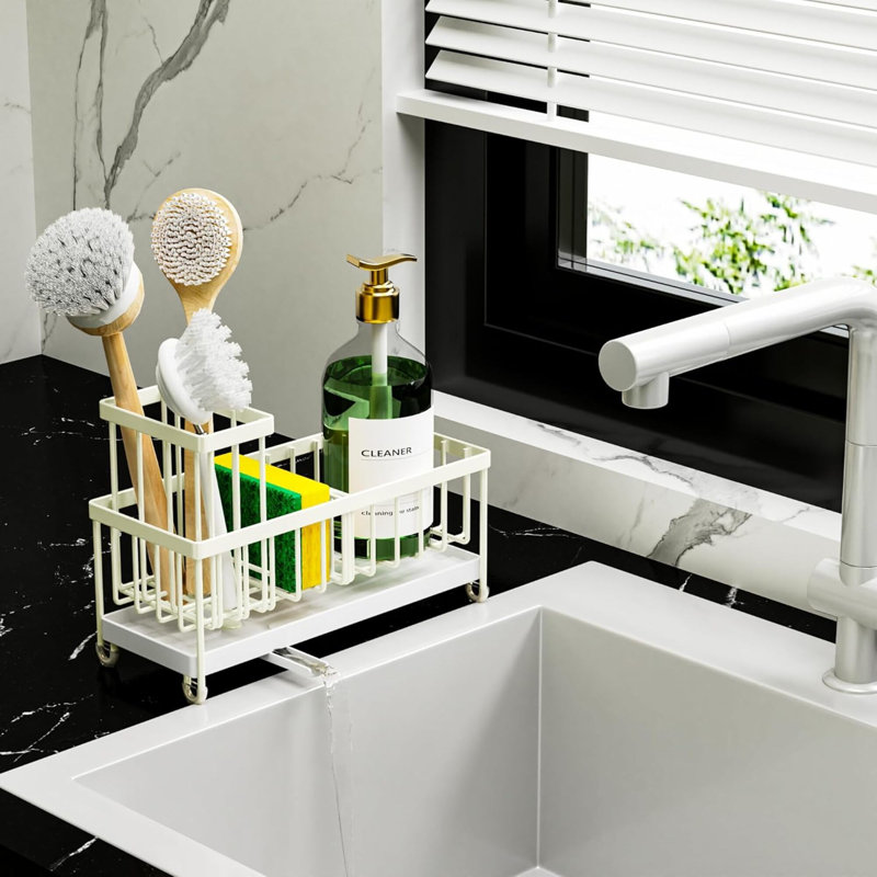 Porte-éponge pour évier de cuisine, organisateur de panier d'évier avec porte-brosse haute, comptoir de cuisine en acier inoxydable 304 antirouille, distributeur de savon et accessoires de rangement pour la cuisine