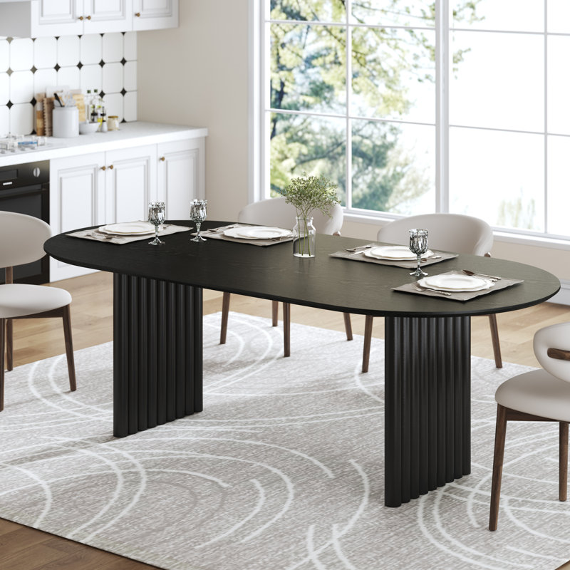 Table de salle à manger 79 po en bois Soild avec base à double piédestal et plateau ovale , Noir