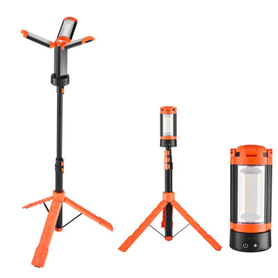 Éclairage de travail à DEL avec support, 10 Ah, lampe de camping rechargeable sans fil, avec 3 têtes de lampe, trépied amovible, 2200 lumens 3000K-6500K à intensité variable, éclairage portatif pour chantier