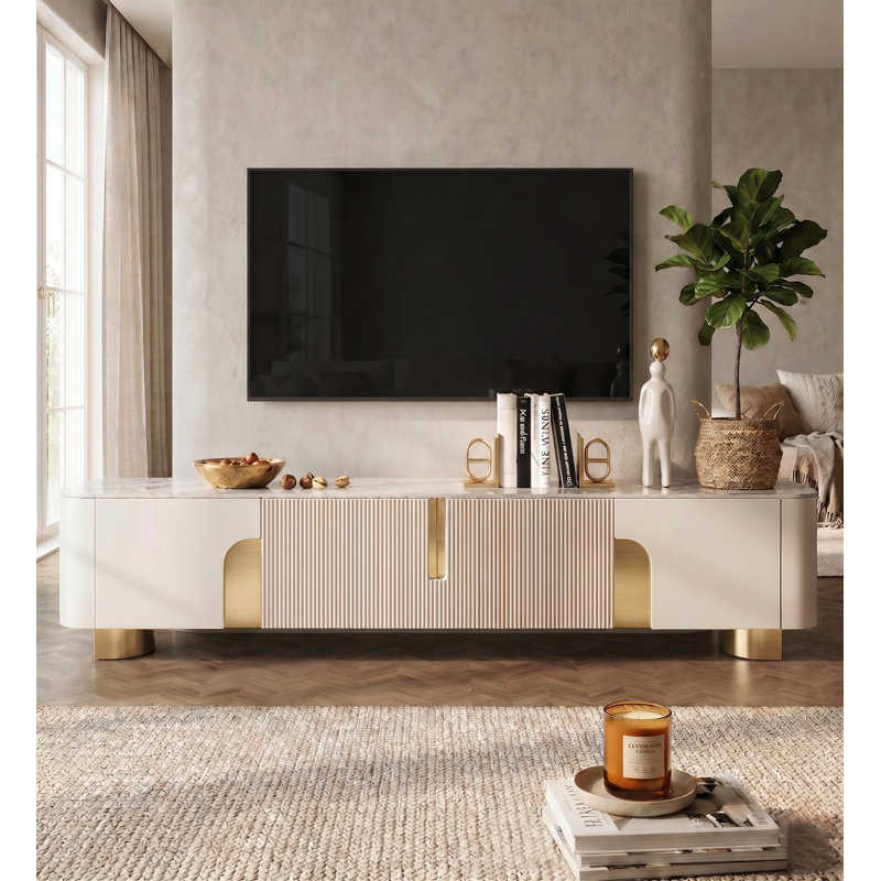 Harkless 78.74'' Luxury Marble Beige TV Stand with 4 Cabinets and Elegant Gold Legs, Fully Assembled 